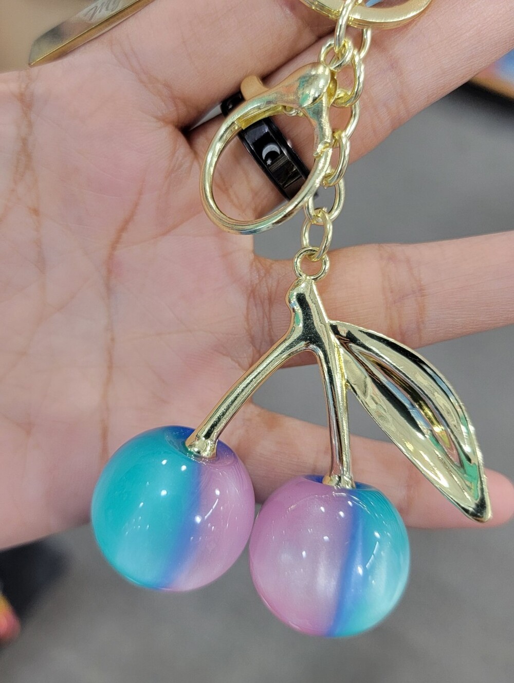 Gold Cherry Keychain with Pink & Blue Gradient Charms